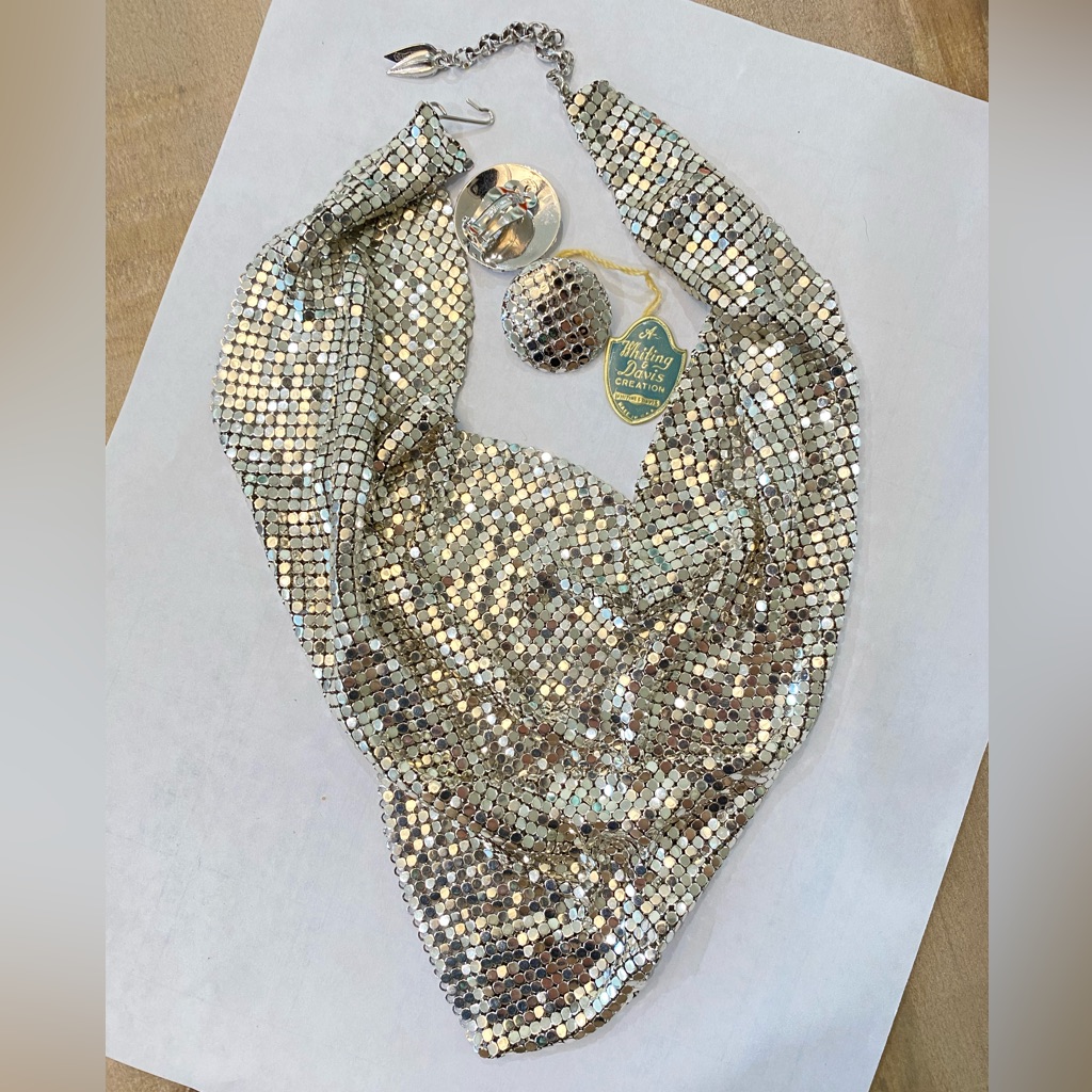 Whiting Davis Vintage Signed Mesh Bib Chain Necklace Sparkly Earring 1940s 255$